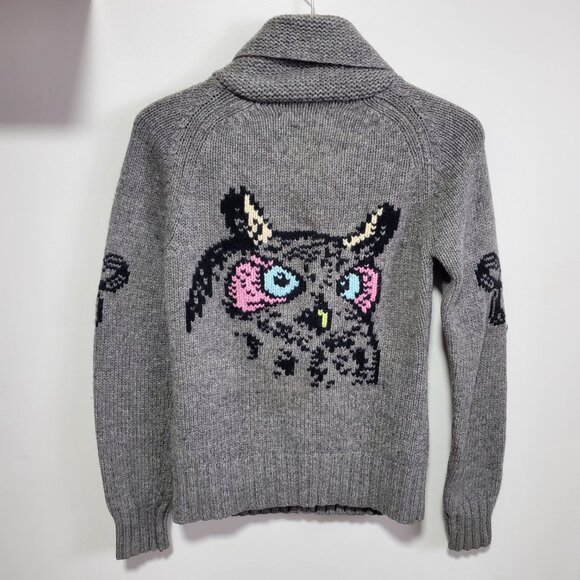 TNA Aritzia Lambswool Knit Pixelated Owl Sweater Cardigan Grey Women's Medium - Picture 10 of 15